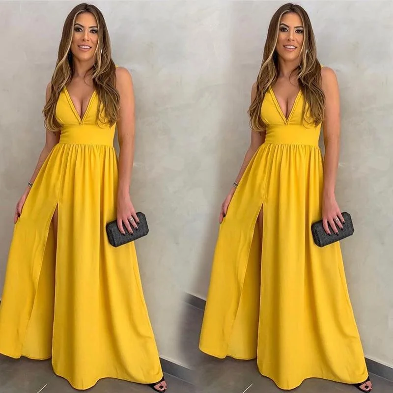 Stitching solid color sexy V-neck sleeveless dress