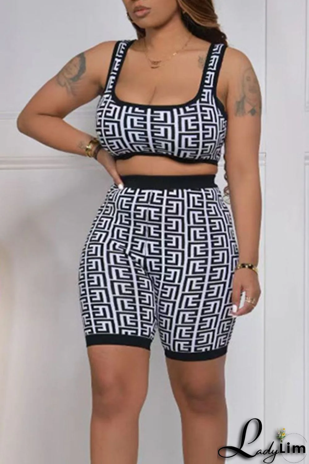 Grey Sexy Print Split Joint U Neck Plus Size Two Pieces