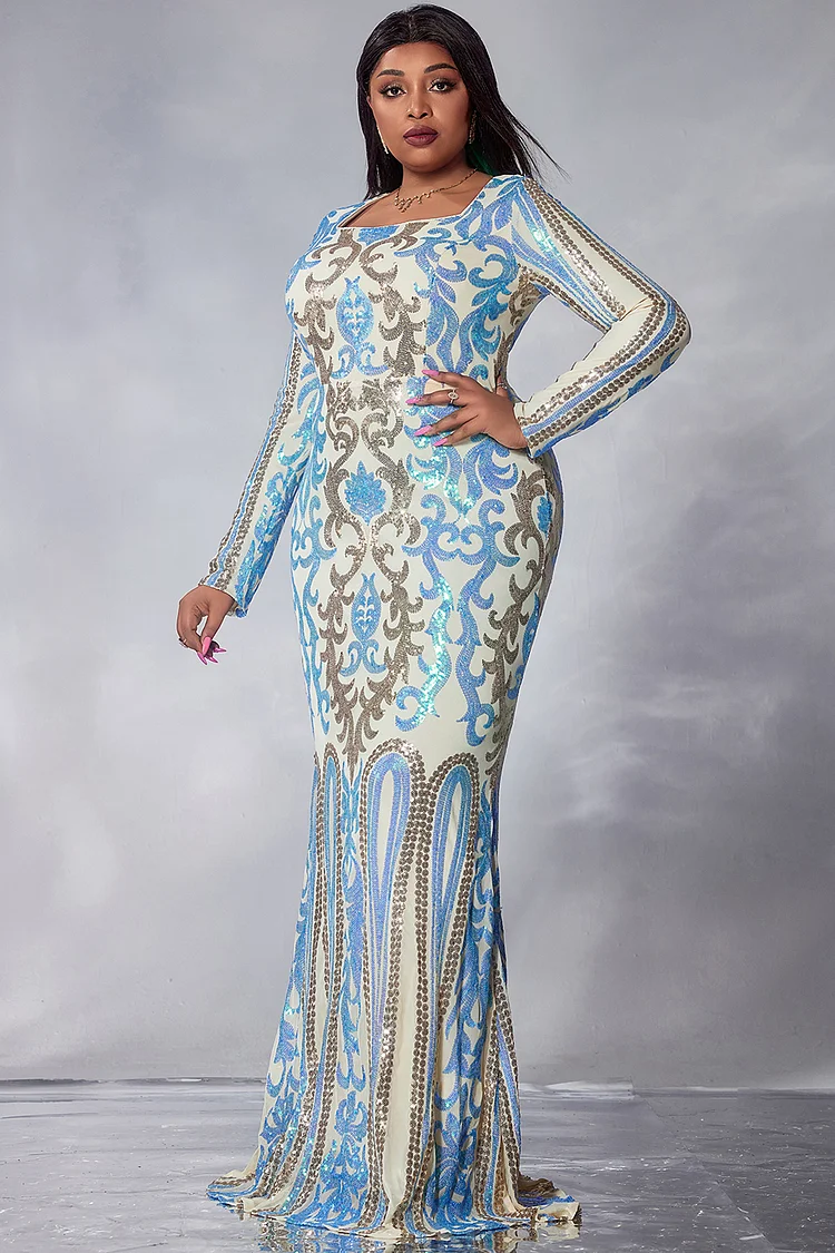 Xpluswear Design Plus Size Formal Prom Maxi Dresses Elegant Blue Square Neck Long Sleeve Sequin Maxi Dresses [Pre-Order]