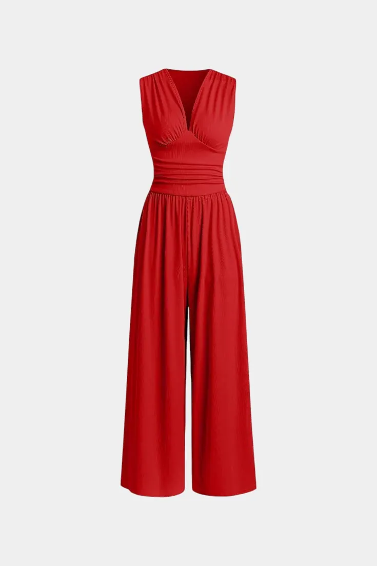 V-Neck Ribbed Jumpsuit with Wide Leg Cut