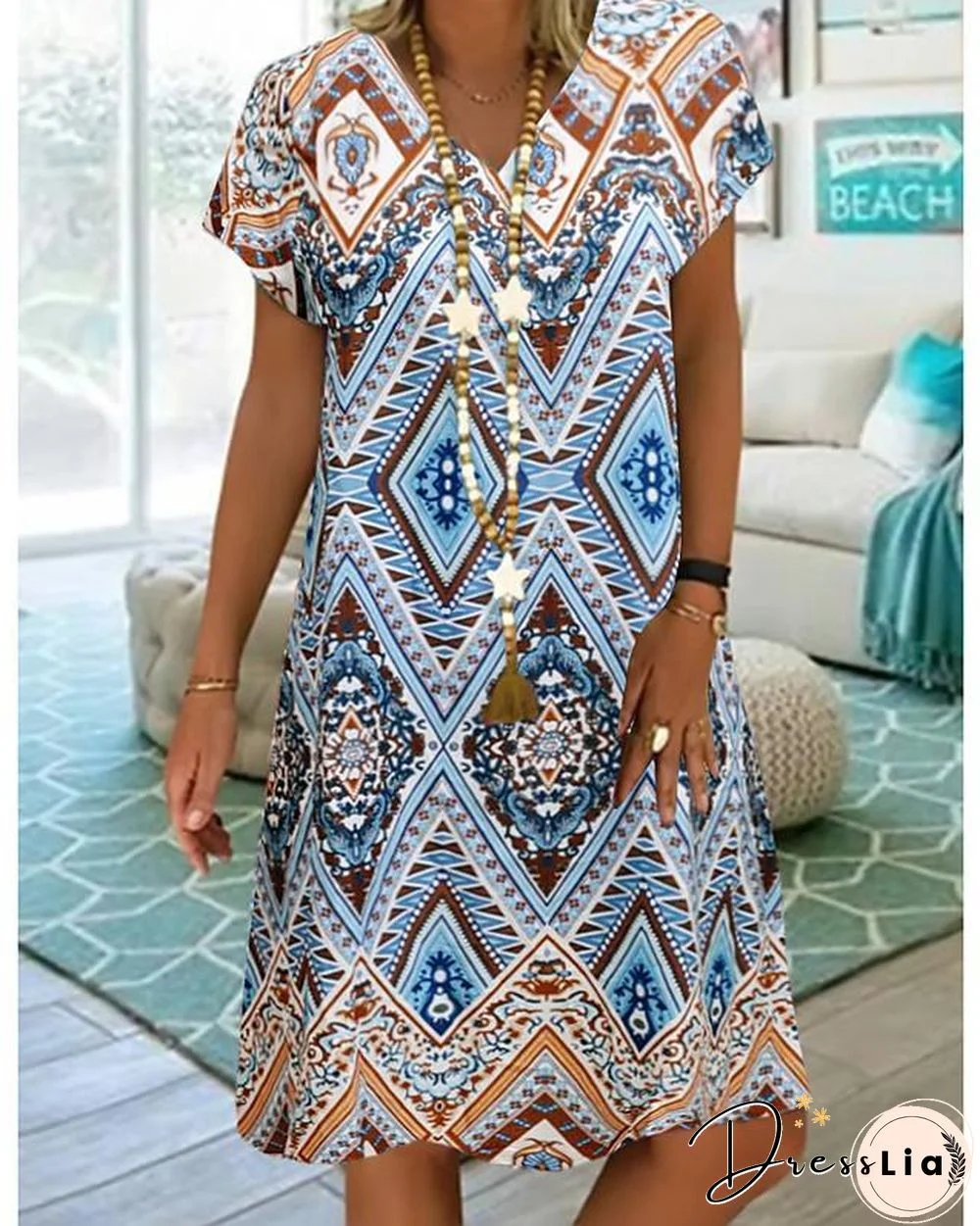 Women's A-Line Dress Knee Length Dress Short Sleeve Tribal Print Summer V Neck Plus Size Hot Casual vacation dresses Loose Blue Red M L XL XXL 3XL 4XL-0222811