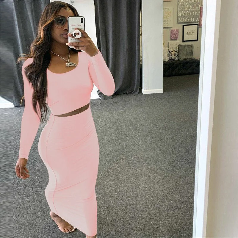 wsevypo Autumn Women Two-piece Clothes Set Solid Color Long Sleeve Pullover Crop Tops and High Waist Maxi Bodycon Skirts