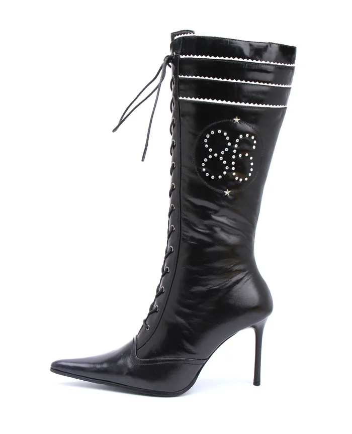 Black Pointy Toe Stiletto Heel Lace Up Boots |FSJ Shoes
