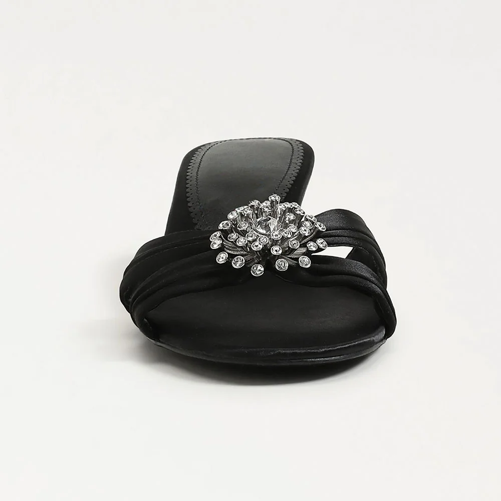 Black Satin Kitten Heel Women's Mules Shoes with Rhinestones Decor