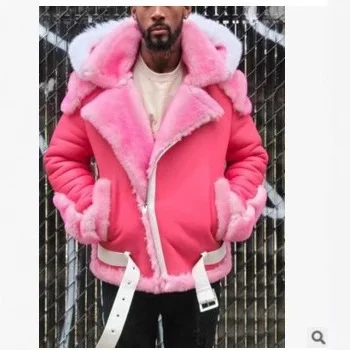 Uveng Uveng Men's Imitation Leather Plus Thick Fur One Short Zipper Coat Hooded Men's Coat