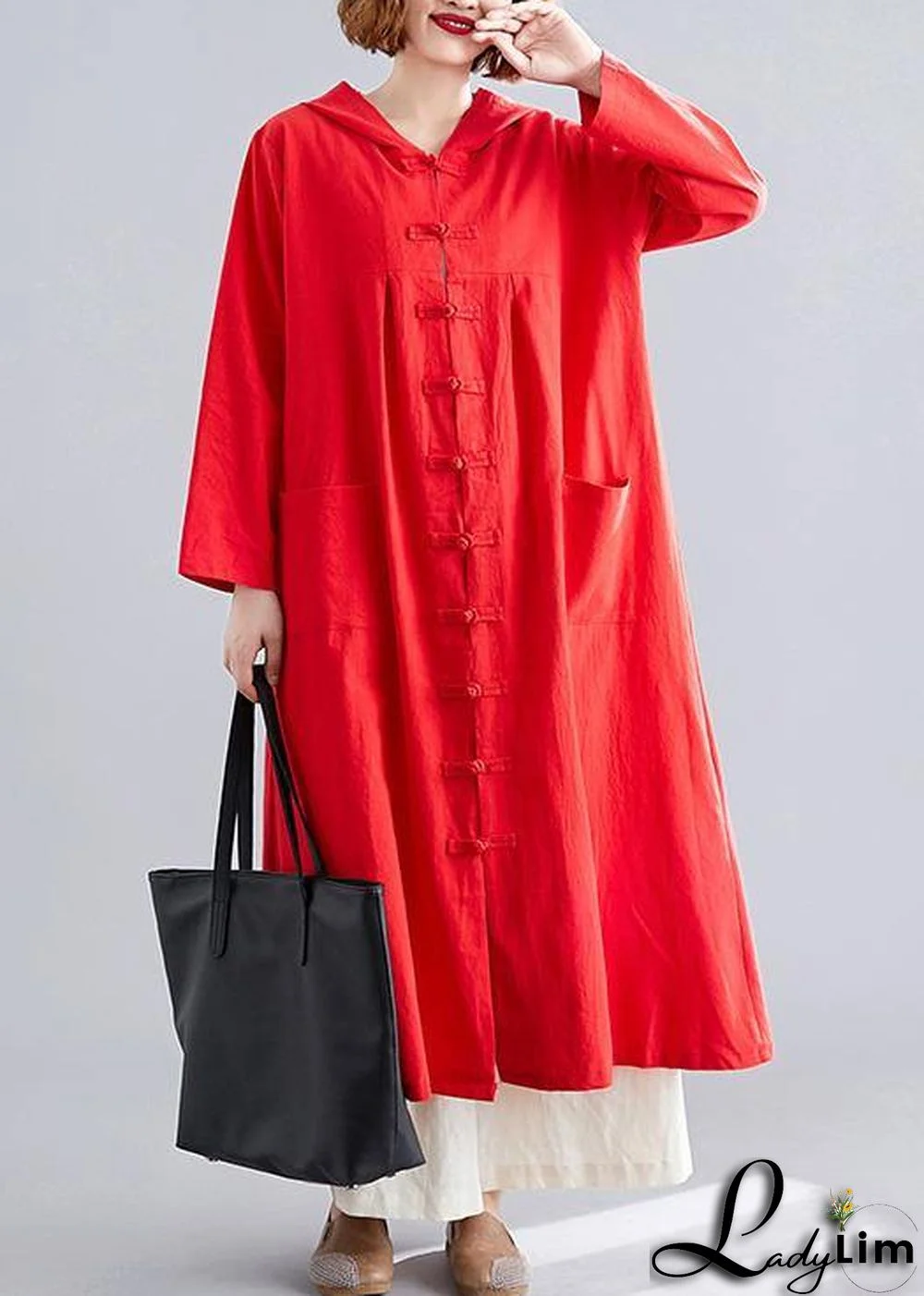 women red overcoat plus size hooded coats pockets Chinese Button coats