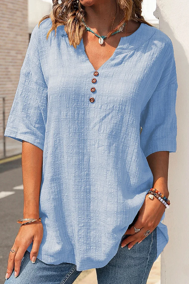 Flycurvy Plus Size Casual Blue Linen Button Small V Neck Blouse  Flycurvy [product_label]