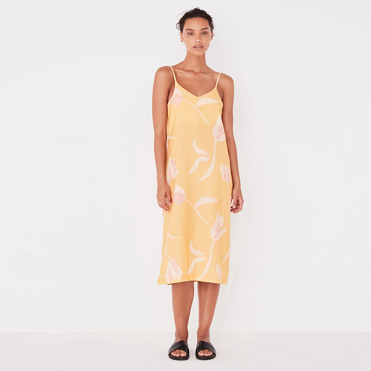 Yellow Printed Linen Dress With Slits at The Bottom-ChouChouHome