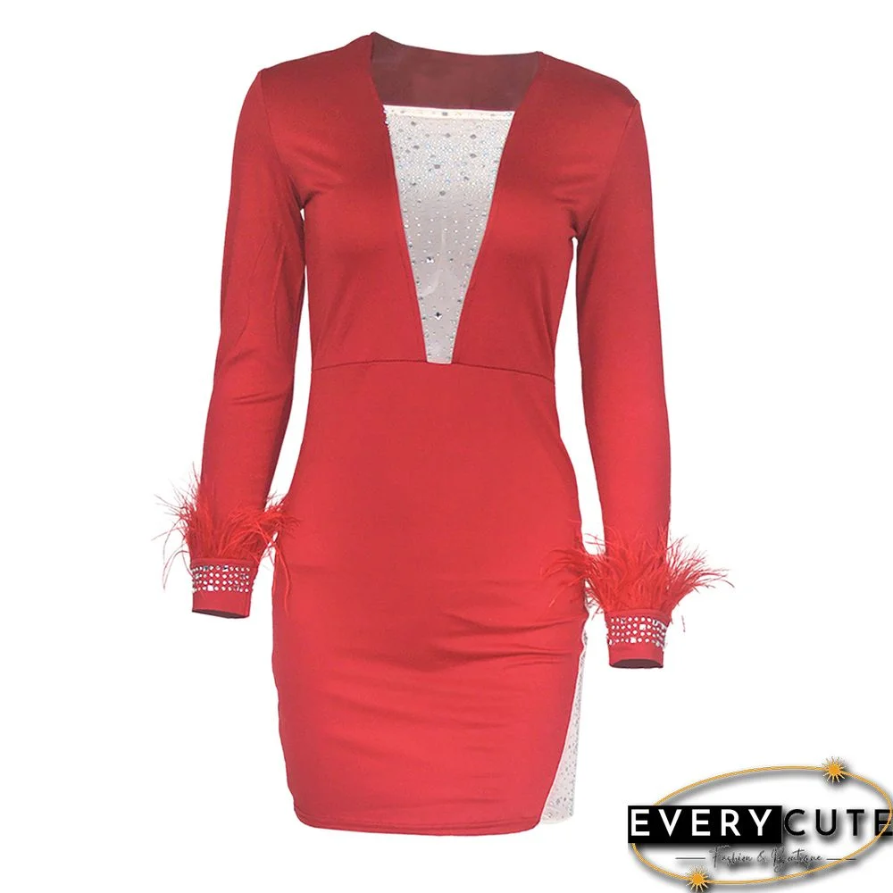 Red Mesh & Rhinestones & Feather Detail Bodycon Dress