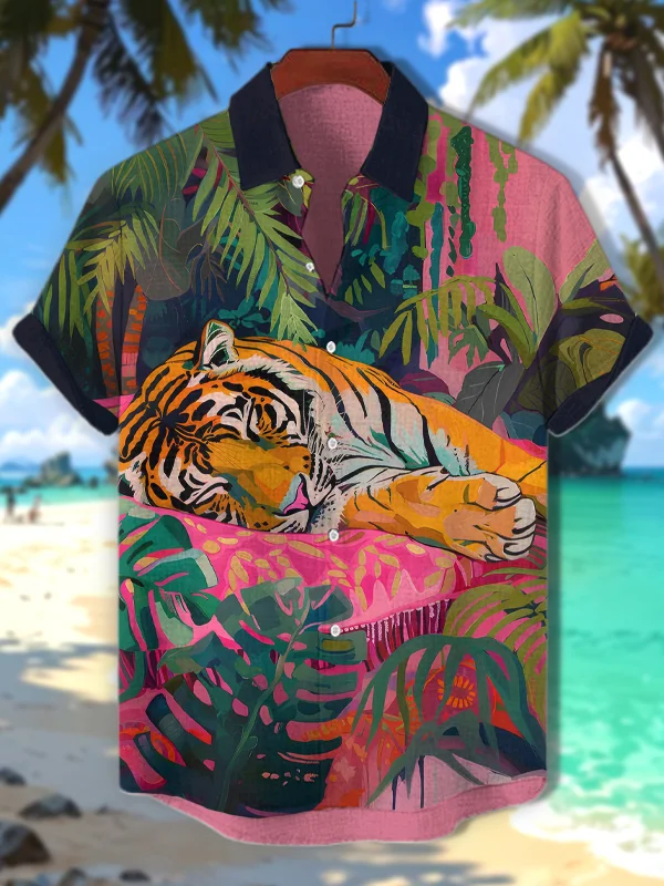 Men's Tropical Plants Tiger Print Short Sleeve Shirt