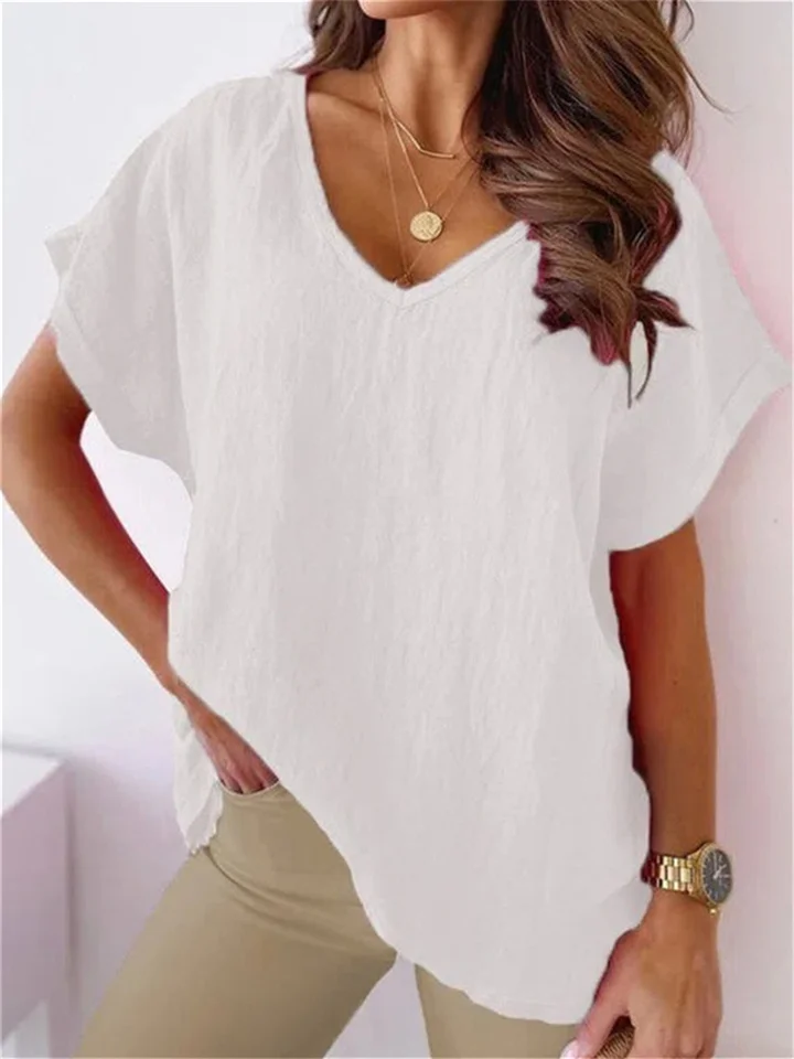 Summer Solid Color Cotton Linen Short-sleeved V-neck Shirt T-shirt Women