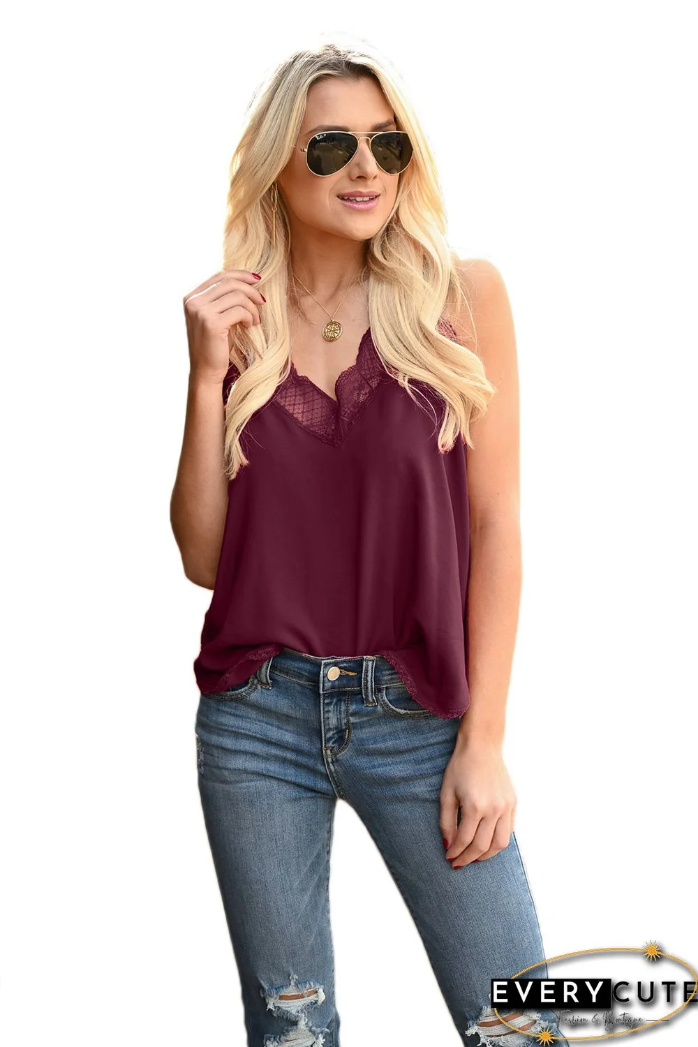 Wine Delicate Balance Lace Cami Tank