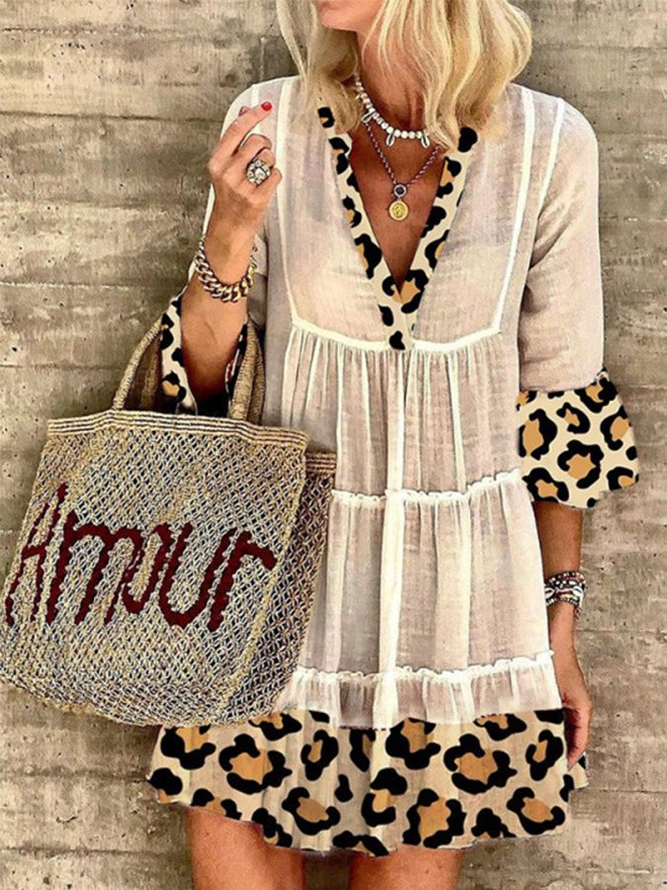 V Neck Leopard Casual Dresses