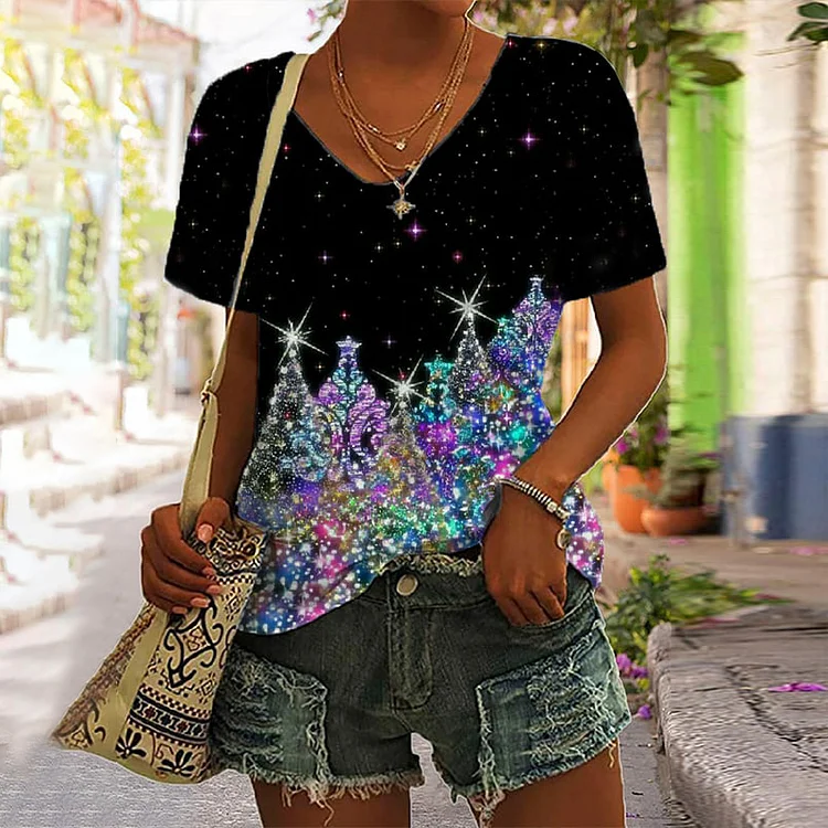 Wearshes Sequined Christmas Tree Print V-Neck Short Sleeve T-Shirt