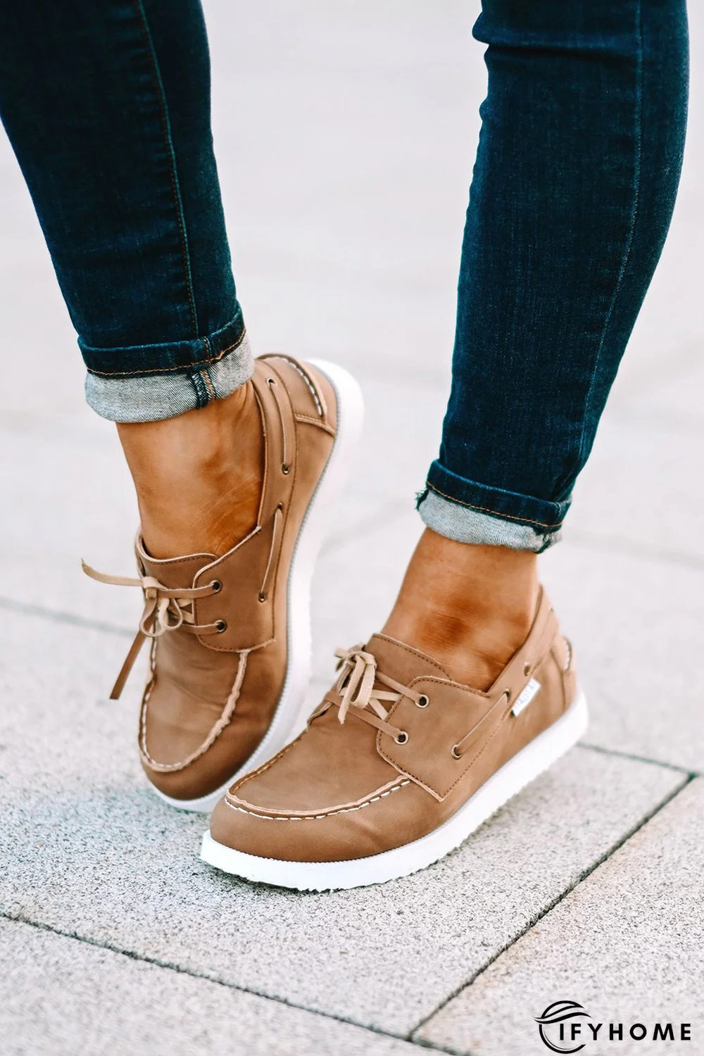 Brown Faux Leather Lace-up Slip-on Sneakers | IFYHOME