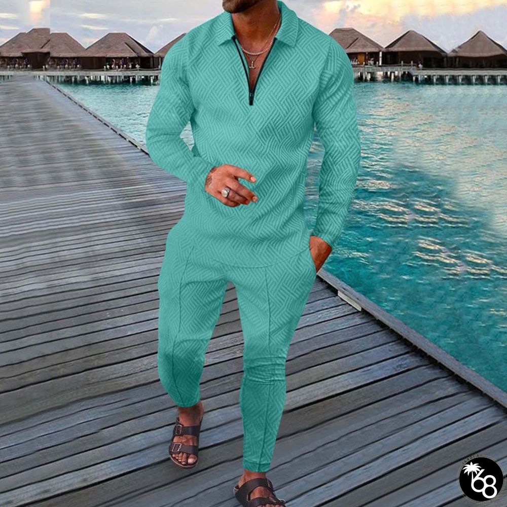 Overseas Sky Blue Luxury Long Sleeve Polo Suit | 168DEAL