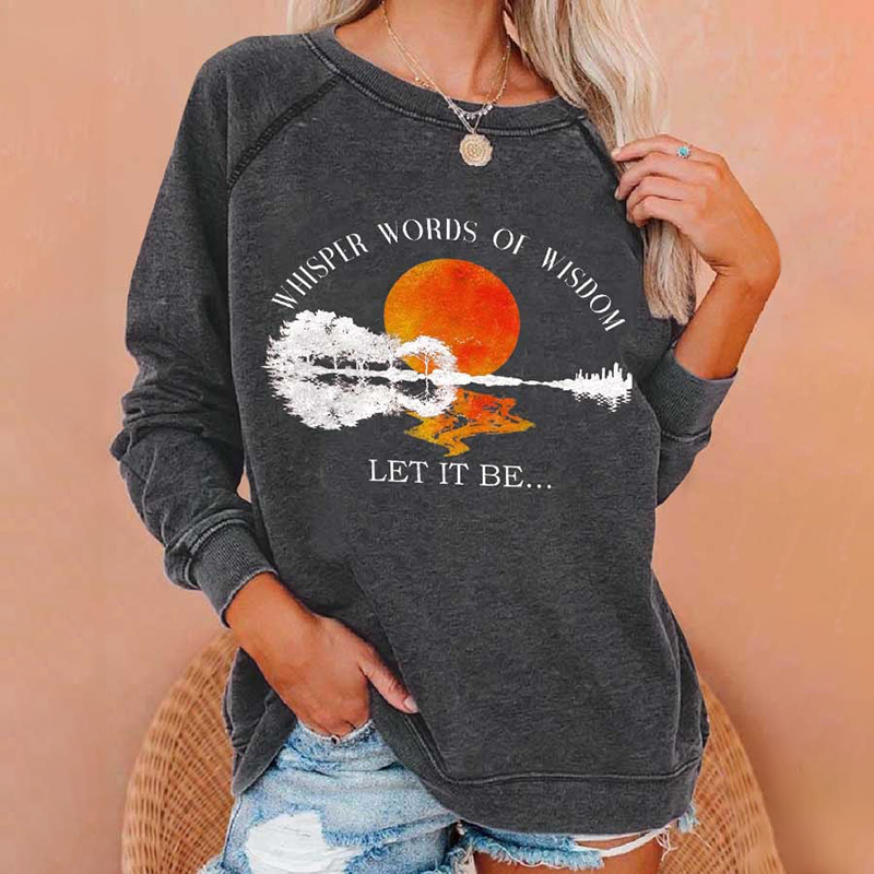 Hippie Guitar Lake Whisper Words Of Wisdom Let It Be Print Crew Neck Sweatshirt wearshes