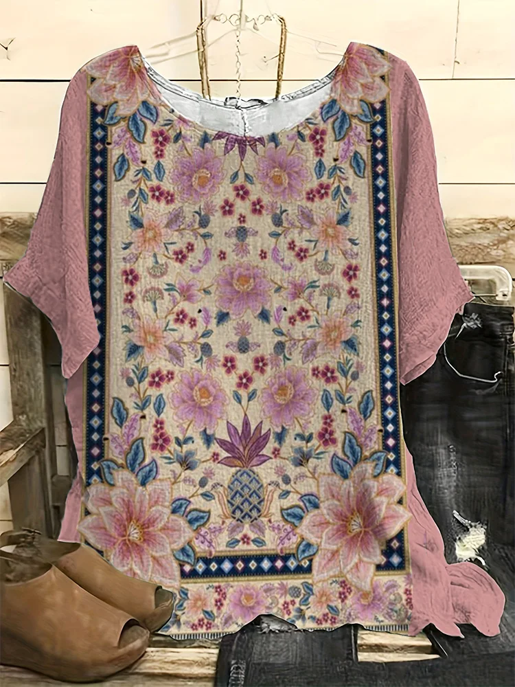 Vintage Floral Art Print Casual Linen Blend Shirt