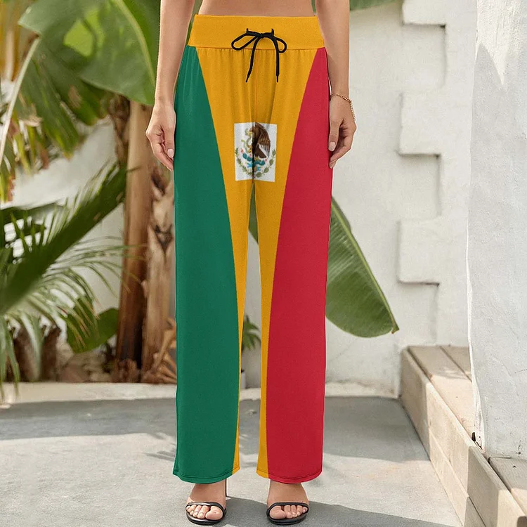 Funny Vintage Mexico Flag Printed Women Casual Elastic Waist Wide Leg Pants  Trousers