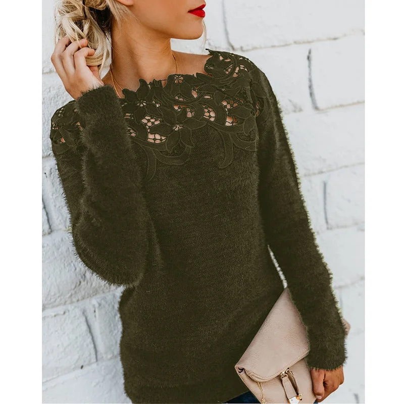 Off Shoulder Lace Splicing Solid Color Sweater