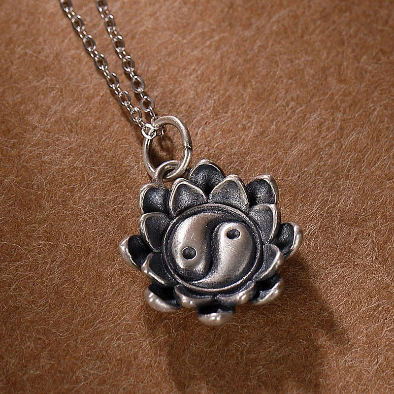 Lotus Yin Yang Pattern 925 Sterling Silver Enlightenment Necklace Pendant