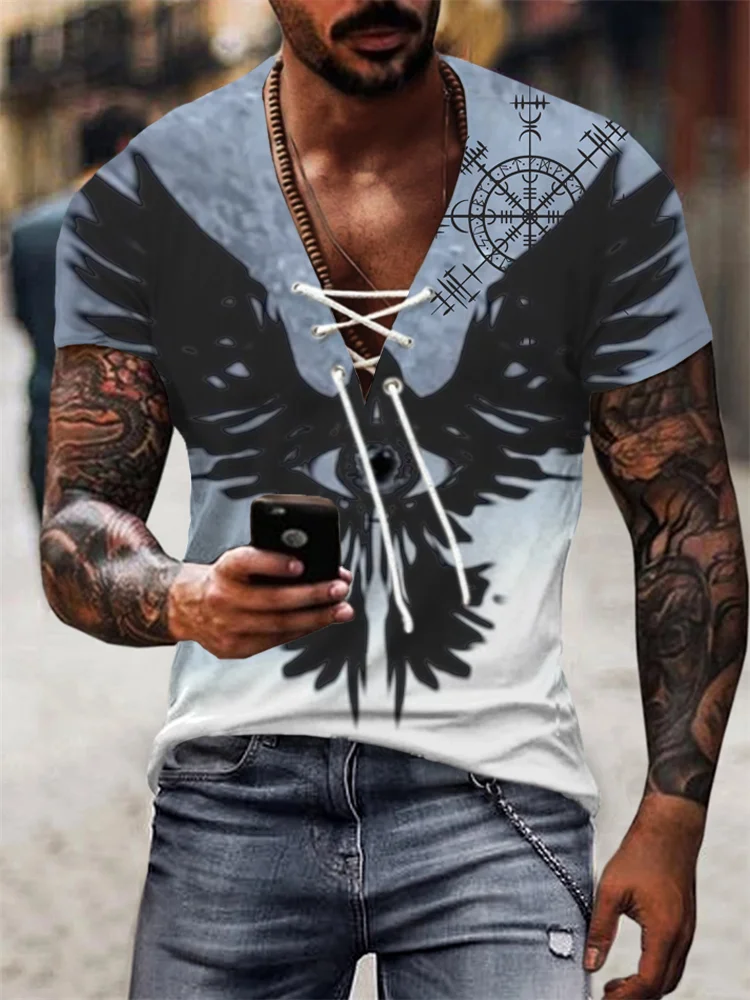 Broswear Men's Viking Culture Eagle Eye Lace Up T-shirt