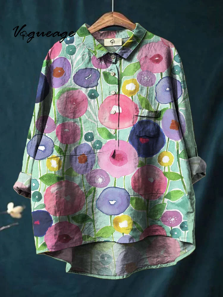 Colorful Plants And Flowers Printed Cotton And Linen Shirt