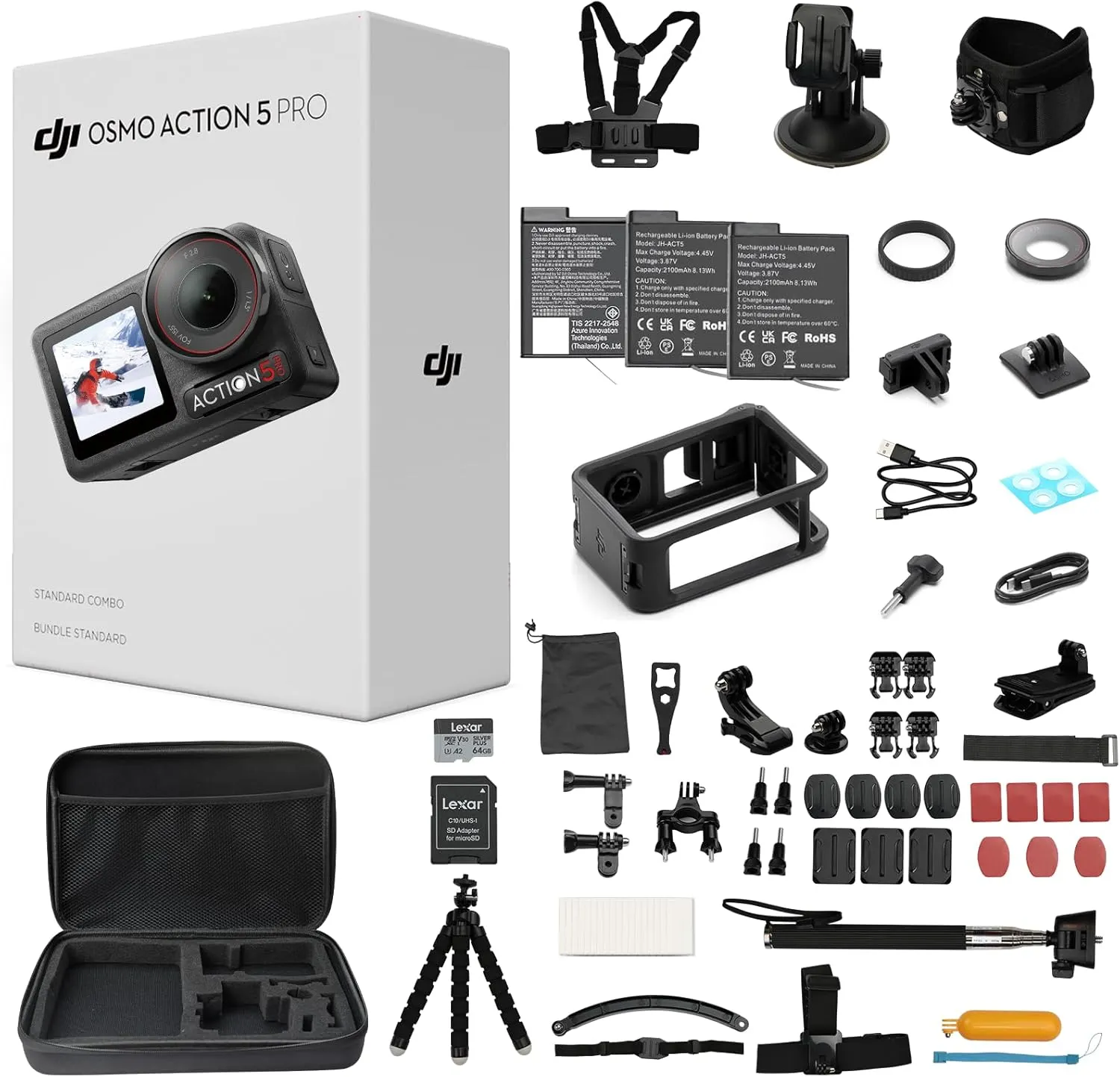 DJI Osmo Action 5 Pro Waterproof Action Camera Bundle, 1/1.3" Sensor, 4K/120fps Video, 47GB Built-in Storage, Original Standard Combo + 58 Piece Accessory Kit + 2 Extra Batteries + Extra 64GB Card