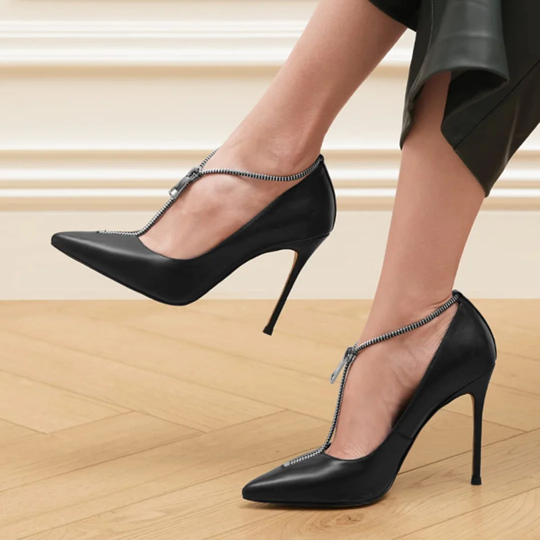 Black Pointed Toe Stiletto Heel Zipper T-Strap Pumps for Women