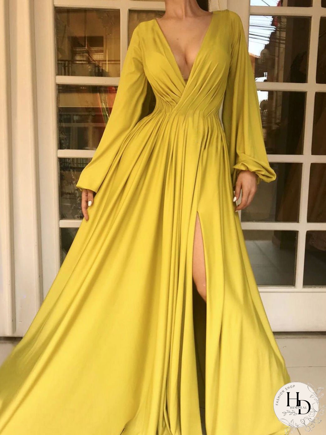 Dresses Solid V-Neck Long Sleeve Slit Dress for Women