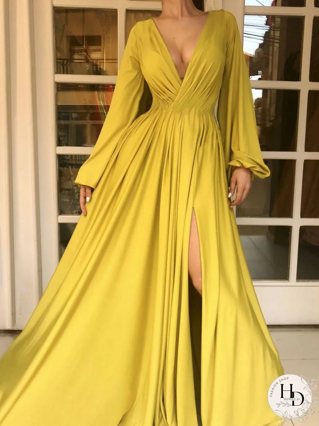 Dresses Solid V-Neck Long Sleeve Slit Dress for Women