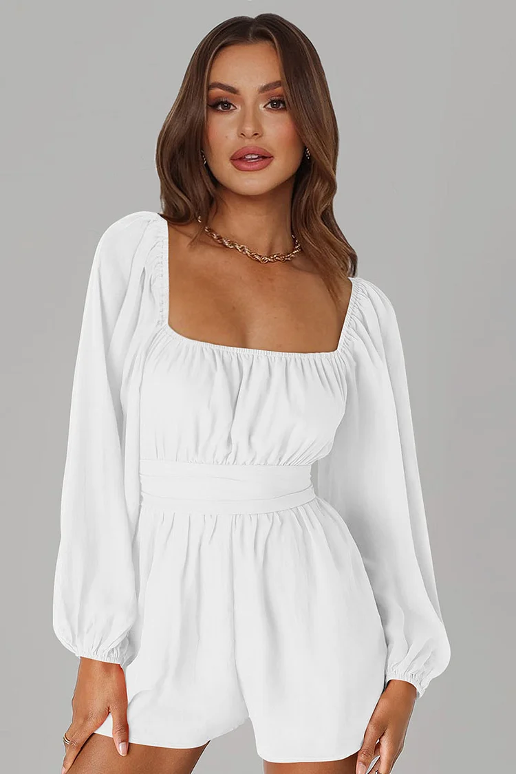 Square Neck Back Tied Up Backless Puffy Long Sleeve Pleated White Romper Playsuit