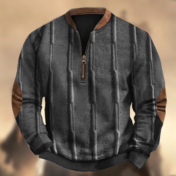 Men's Vintage Western Color Block Knitted Print Zipper Stand Collar Casual Sweatshirt
