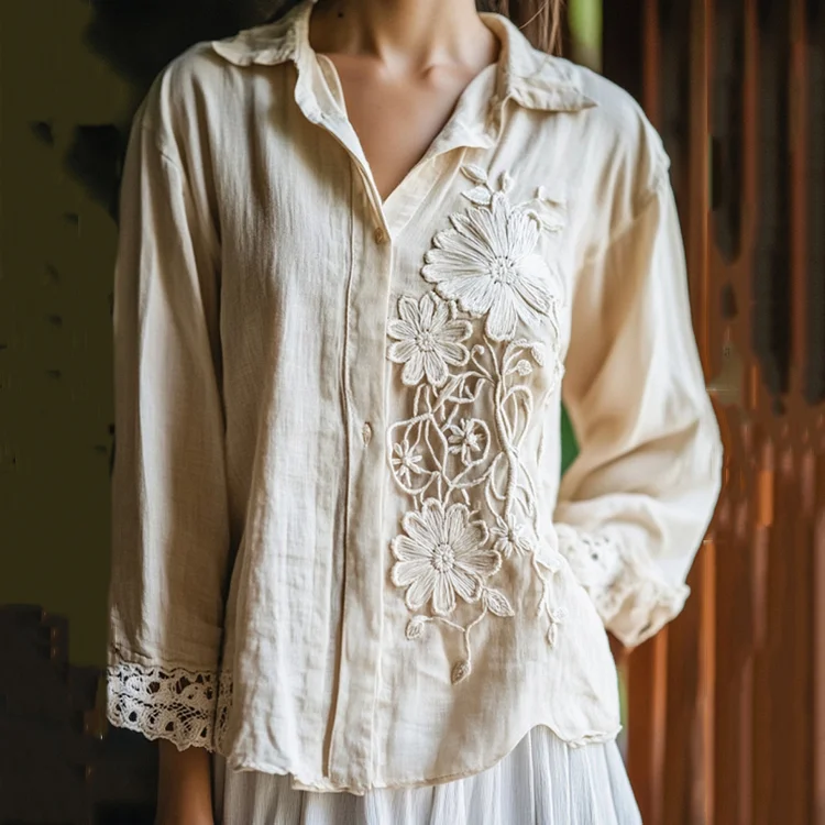 Lunivibe Women's Floral Lace Embroidery Art Long Sleeve Casual Shirt