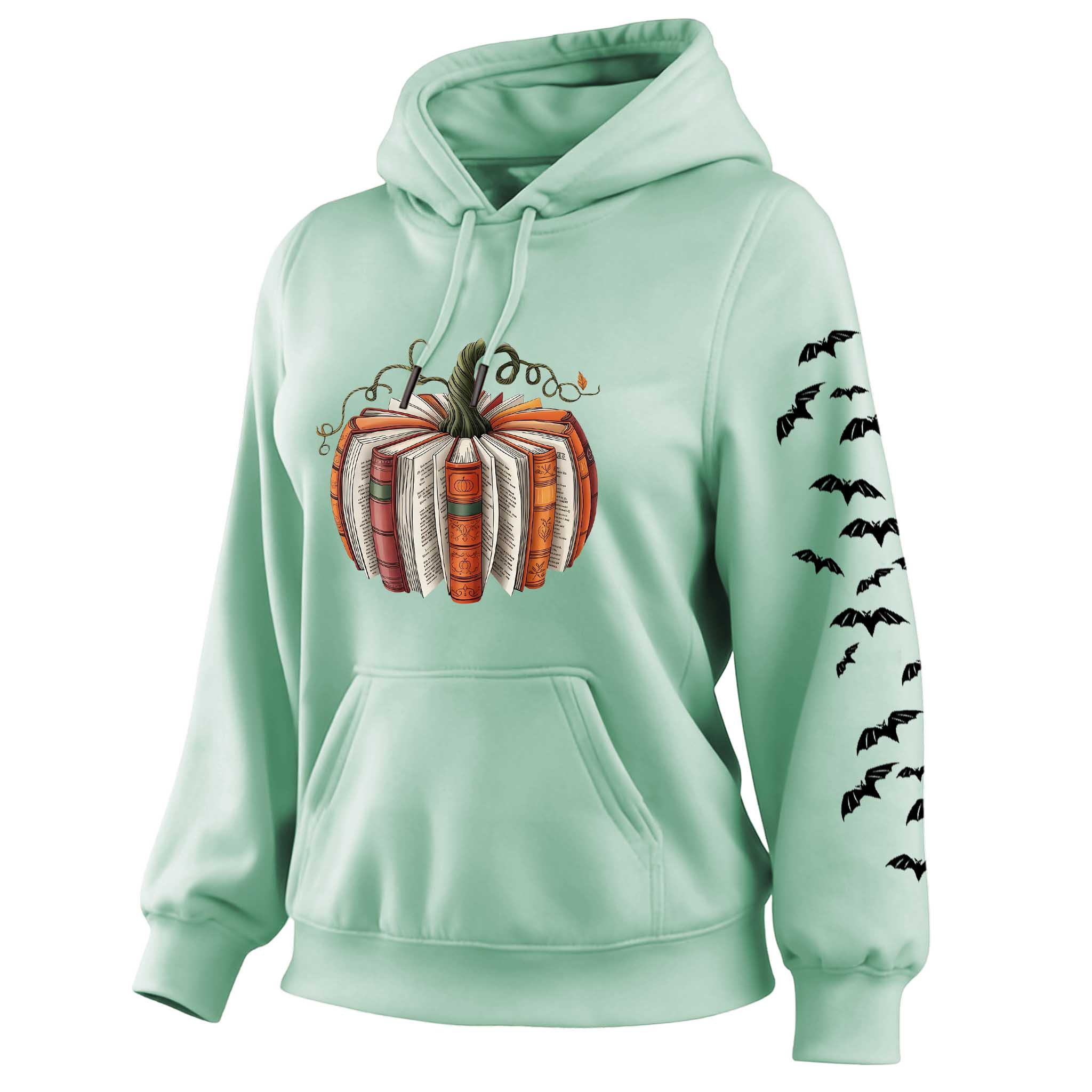 Women's Vintage Halloween Pumpkin And Bat Print Pocket Long-Sleeve Apricot Hoodie
