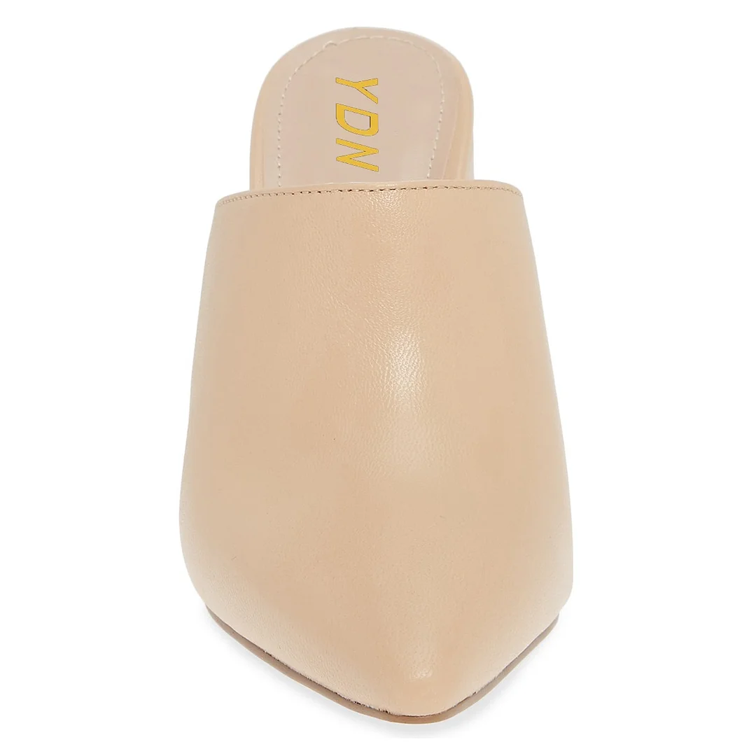 Beige Vegan Leather Pointed Toe Slip On Block Heel Mules for Women