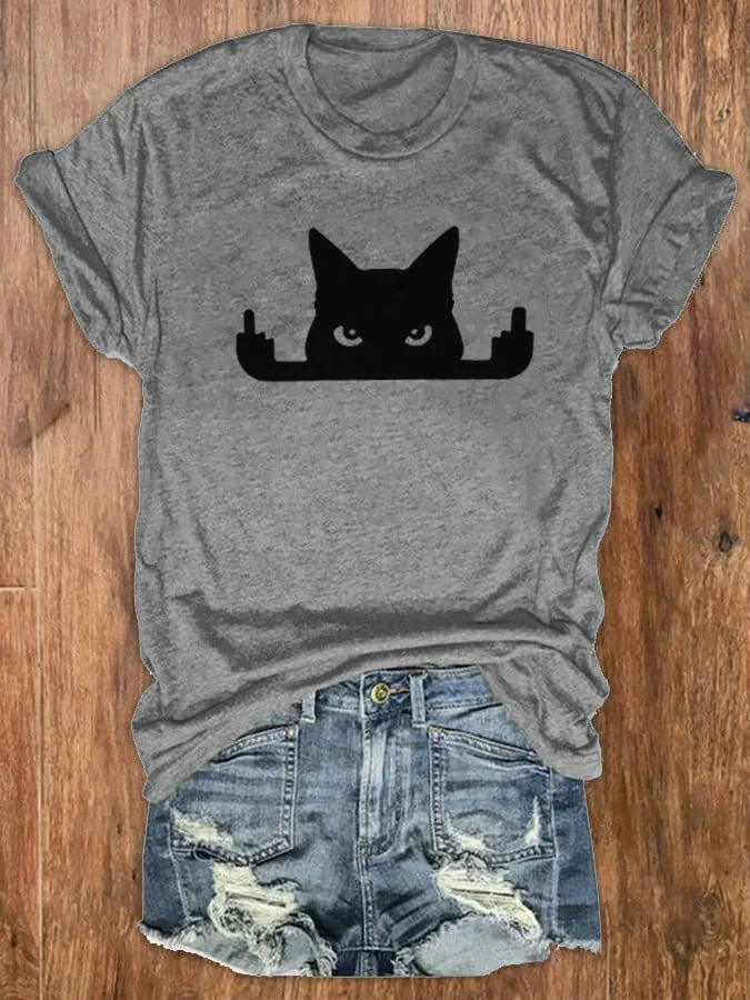 Women's Black Cat Print Crew Neck T-Shirt