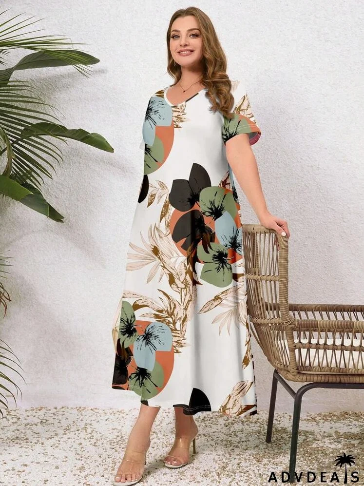 Plus Size Women Casual V-Neck Short Sleeve Dress, Summer