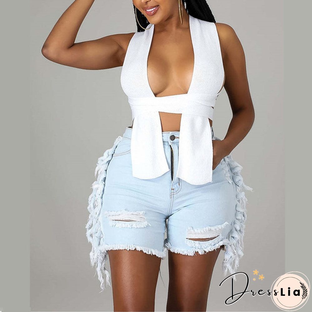 New Tassel Denim Short Women Street Fashion Stretch Ripped Denim Shorts