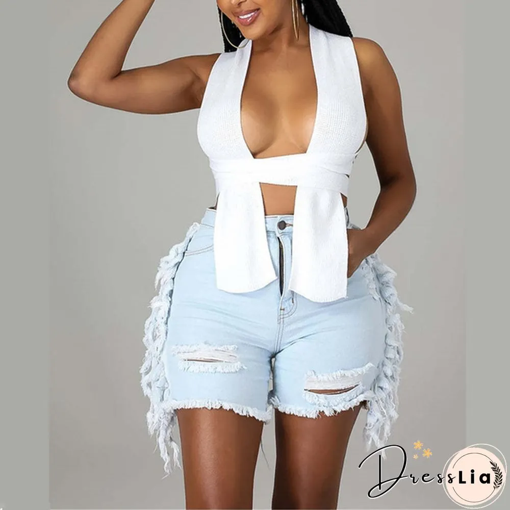 New Tassel Denim Short Women Street Fashion Stretch Ripped Denim Shorts