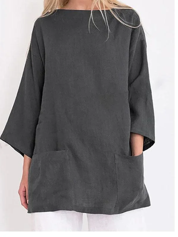 Ladies solid color casual round neck cotton and linen T-shirt-Mayoulove