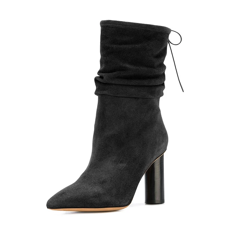 Black Slouch Boots Pointy Toe Vegan Suede Chunky Heel Mid-calf Boots |FSJ Shoes