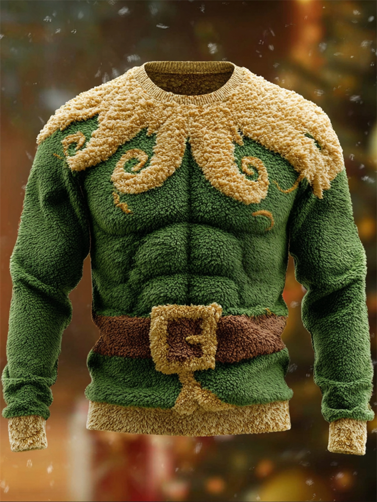 Men's Muscular Christmas Elf Inspired Cozy Plush Sweatshirt elevenforest