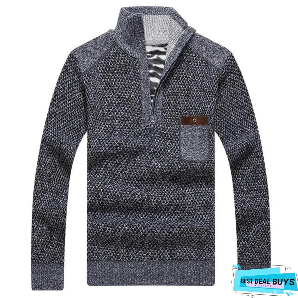 Men Warm Thick Velvet Winter Pullovers Zipper Mandarin Collar Man Casual Clothes Big Size Sweaters Top