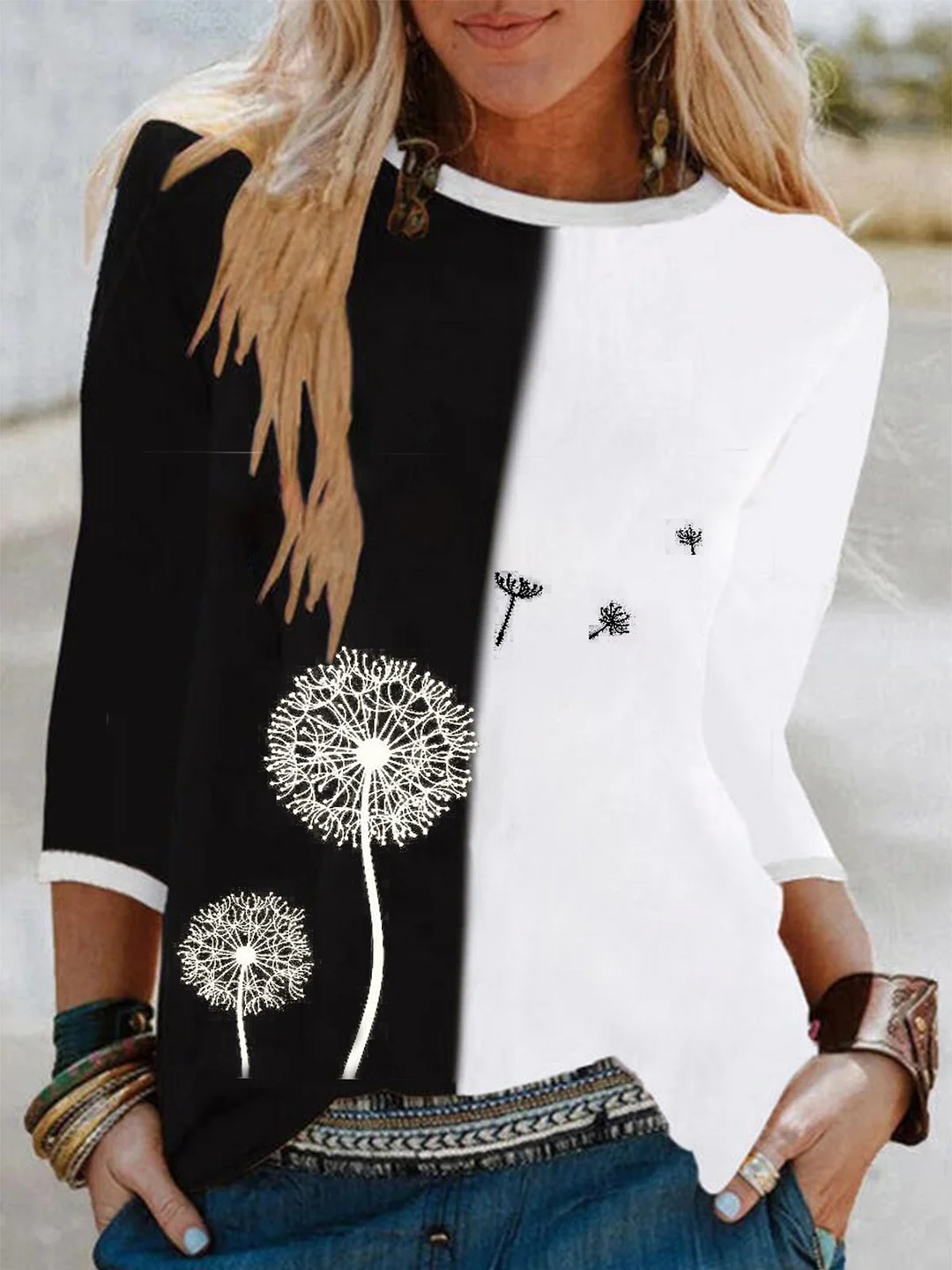 Vintage Color-Block Dandelion Printed Crew Neck 3/4 Sleeve Plus Size Casual Tops