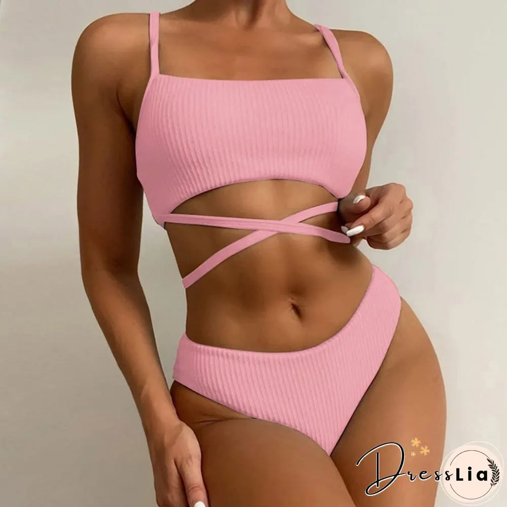 Sexy Bandage Cross Tie-up High Waist Swimwear Women Solid Rib Spaghetti Straps Bikini Set