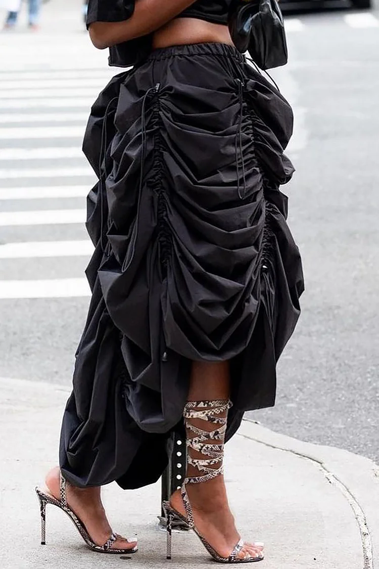 Plus Size Casual Skirt Black Fold Ruched Irregular Skirt