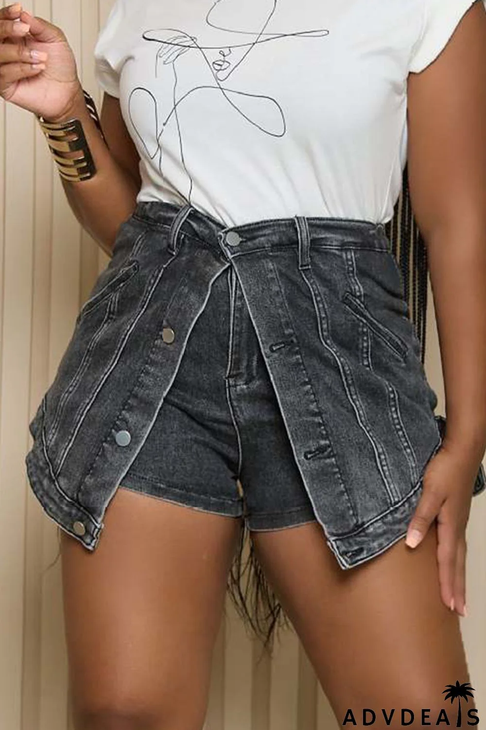Light Blue Street Solid Patchwork Buckle Zipper Mid Waist Denim Shorts