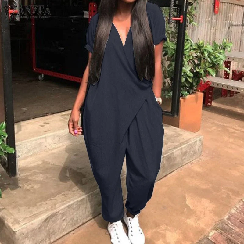 2022 Fashion Summer Rompers ZANZEA Women Jumpsuits Casual Loose V Neck Short Sleeve Overalls Harem Pants Solid Long Playsuits 7
