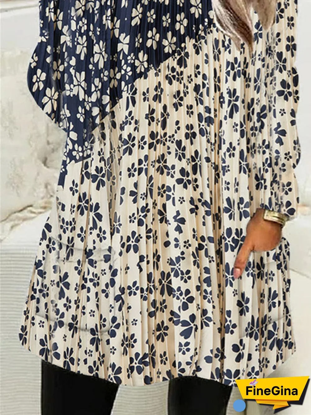 Women Long Sleeve Scoop Neck Printed Stitching Pockets Tops